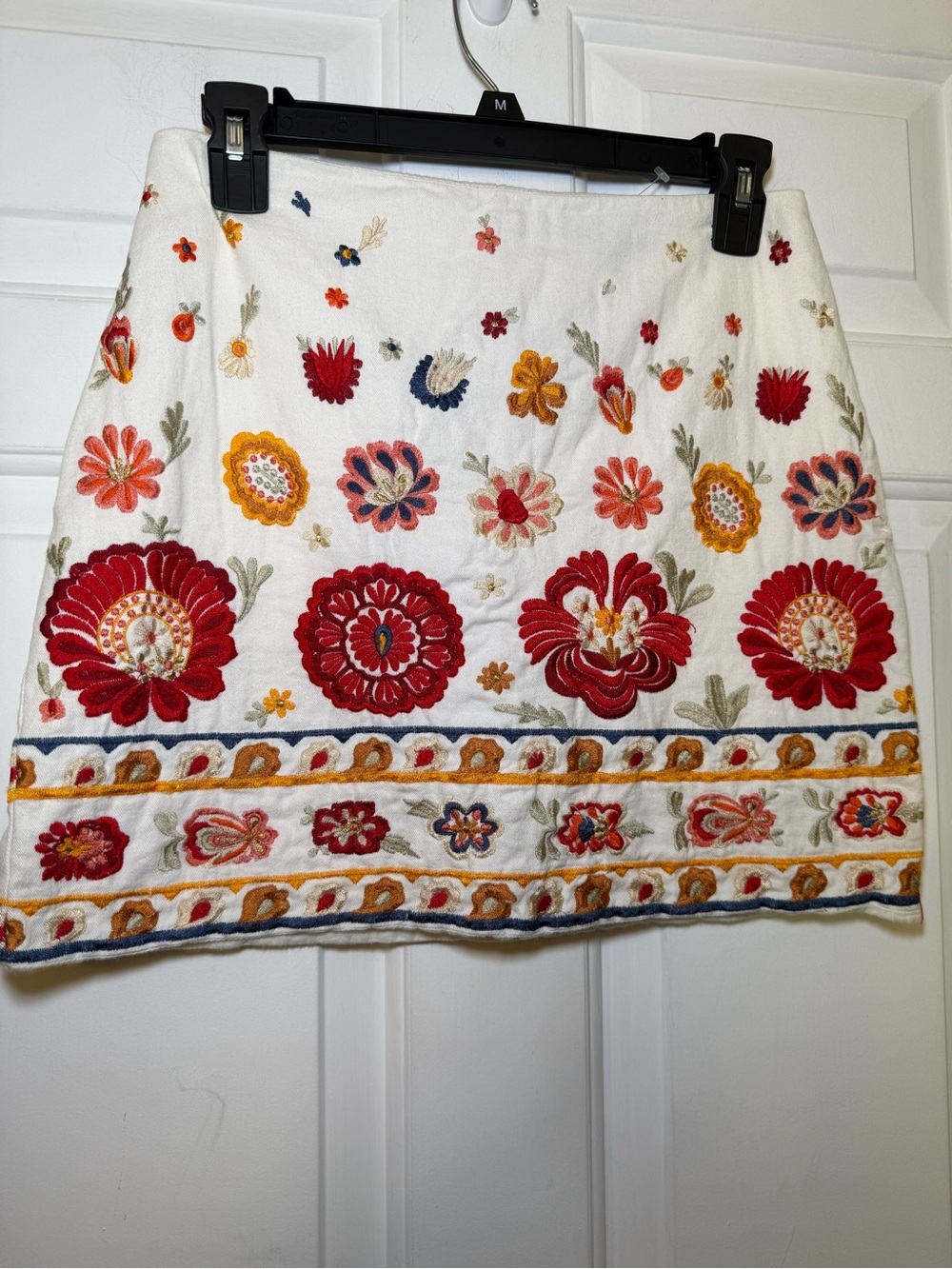 Topshop Sz 4 White Embroidered Floral A Line Mini Skirt Boho Peasant Colorful